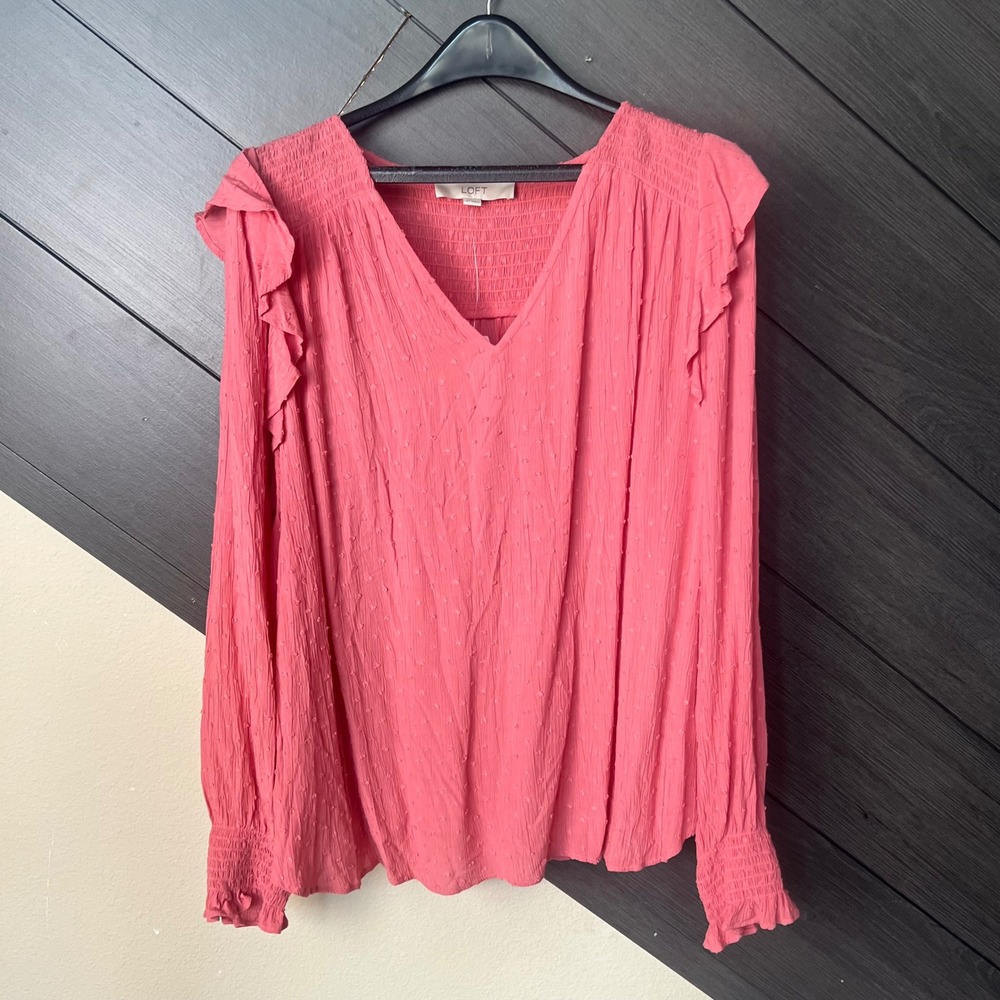 LOFT Women's Swiss Dot Smocked Ruffle Blouse XL Pink Boho Peasant‎ Top NWT